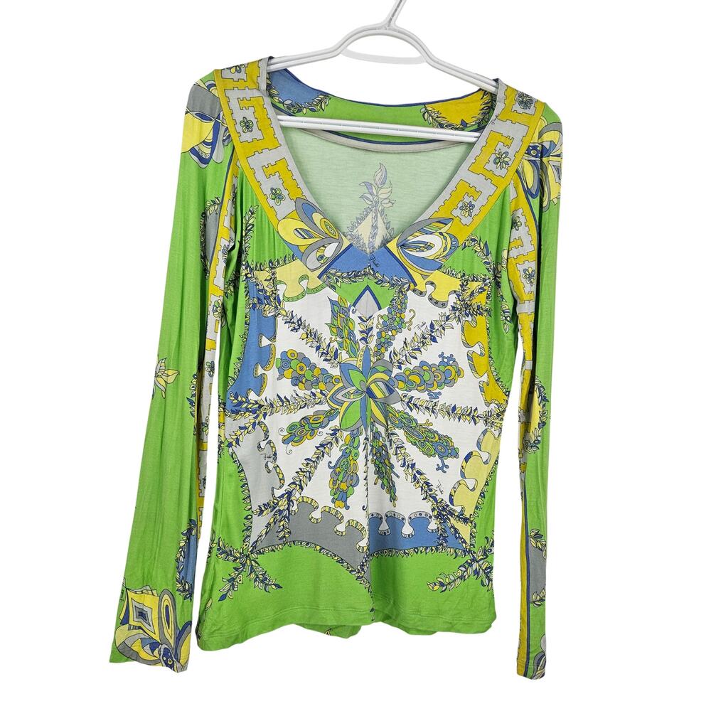 Emilio Pucci Shirt Top Yellow Green V-neck Floral Geometric Long Sleeve Size 12